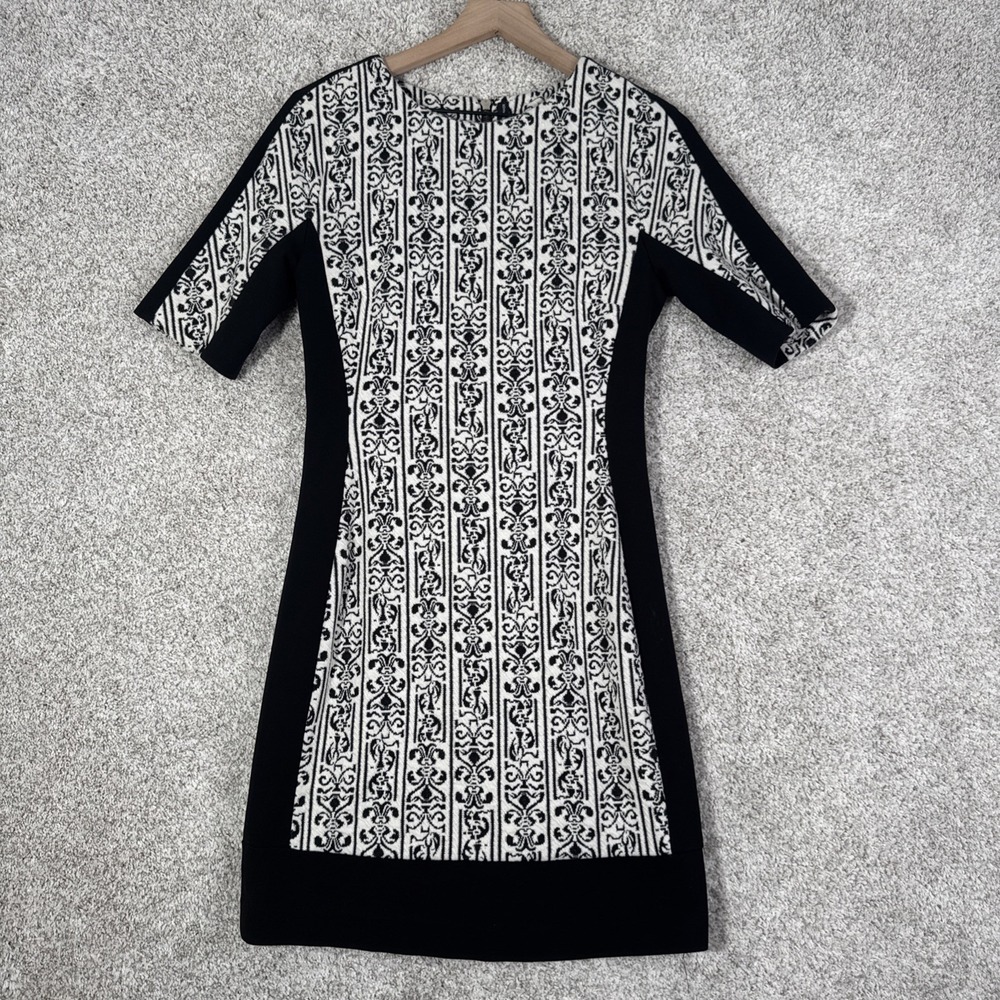 WGB Walter Baker Bodycon Sheath Dress Rear Zip S Black White Geometric Pattern